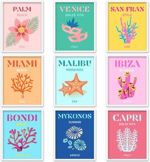 9 Pcs Preppy Travel Wall Art Prints Colorful Abstract Aesthetic Room Decor, 12 x 16 inches