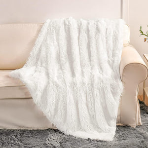 White Faux Fur Throw Bed Blanket,2 Layers,50" x 60", Soft Fuzzy Fluffy