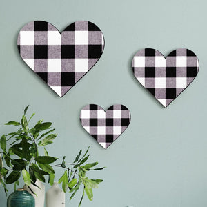 3 Pcs Heart Shaped Wood Sign Buffalo Plaid Decor for Kitchen Bedroom Bathroom, 3 Sizes (Black and White Plaid)