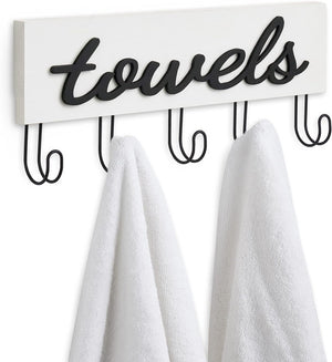 Wall Mounted Towel Rack Bathroom Decor Rustic White Wood Towel Hooks