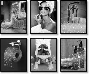 Set of 6 Black and White Glam Glitter Canvas Posters Pictures Photos Artwork Modern Women Funny (Black and White, 8"x10" UNFRAMED)