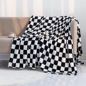 Flannel Blanket with Checkerboard Grid Pattern Soft Throw Blanket for Couch (Black, 50"x60")