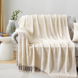 Off White Knitted Throw Blankets for Couch, Decorative Knitted Blankets with Tassel,50"x60"