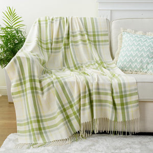 Spring Summer Plaid Throw Blanket for Couch Bed, Decorative White Green Stripe for Home Decor
