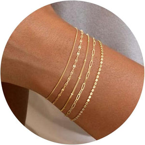 14K Dainty Gold Plated Stackable Bracelets for Women Trendy Gold Bracelet Stack Set Waterproof Chain, Minimalist Tiny Cute Jewelry