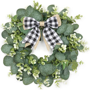 12" Artificial Eucalyptus Wreath with Plaid Bow | Spring Summer Green Leaf Wreath for Front Door Window Porch Farmhouse Decor