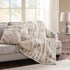 Faux Fur Plush Throw Blanket Set with 2 Matching Square Pillow Covers, Tan Tie Dye 50"x 60"