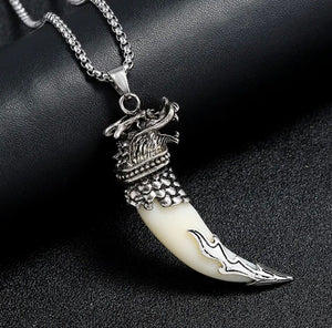 Men's Fashion Jewelry Silver Viking Dragon Ivory Pendant Necklace