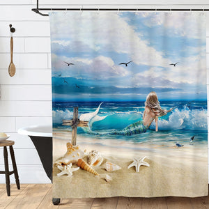 Mermaid Shower Curtain Sea Ocean Shower Curtain with 12 Hooks