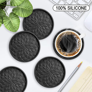 [6 Pack] Coasters with Holder, Non-stick, Deep Tray Black