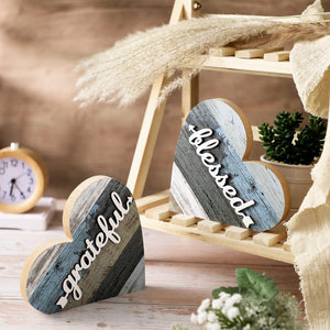 2 Pcs Rustic Wood Home Sign Farmhouse Love Wooden Heart Shaped Table Centerpiece, Grateful Style