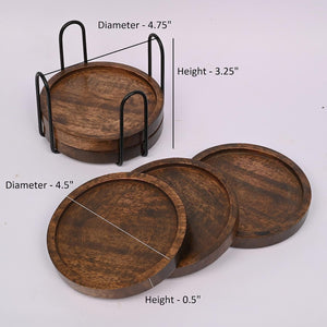 Mango Wood Coasters for Drinks with Iron Holder Stand Set of 5 (4.5 x 4.5 x 0.5)