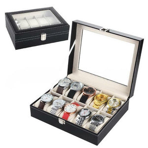 Portable 10 Slot Watch Box Leather Display Case Organizer Glass Jewelry Storage