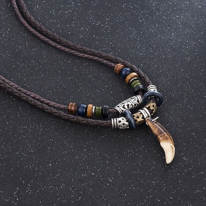 Men's Fashion Jewelry Brown Leather Beaded Weave Rope Tooth Pendant Necklace