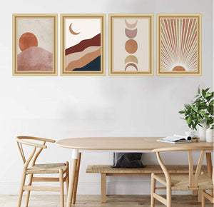Sunset Sunrise Landscape Art Boho Sun and Moon Wall Art Painting Set of 4, 8x10 Canvas Picture
