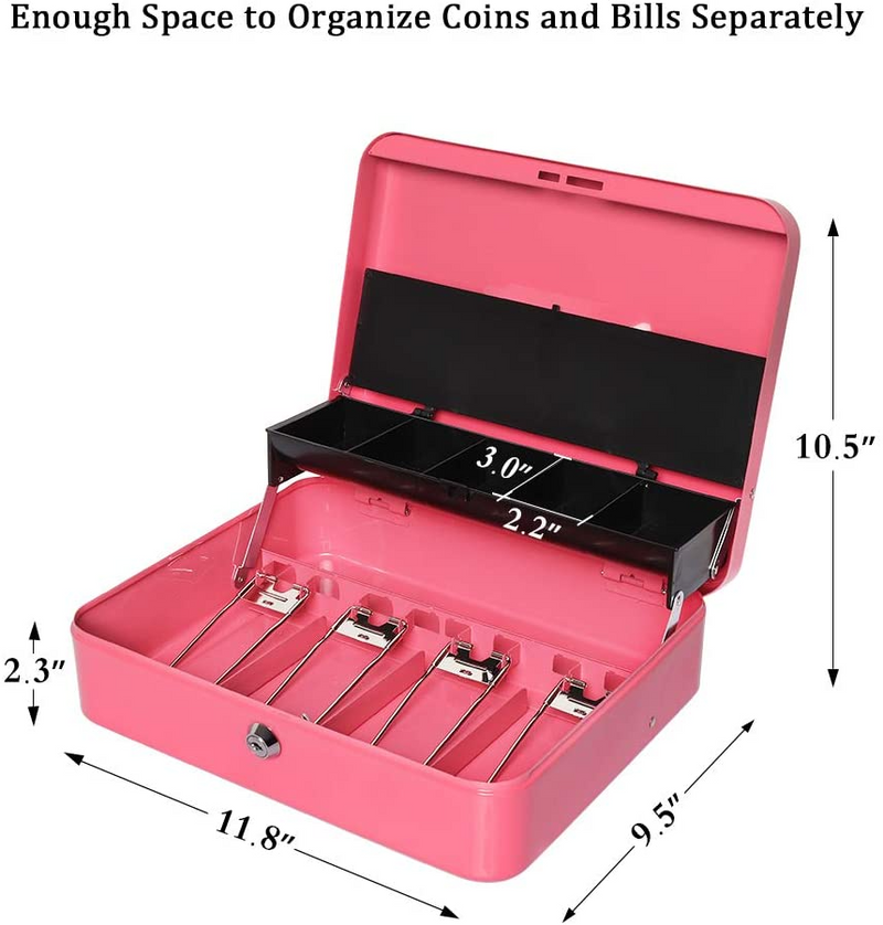 NEW EXTRA Large Cash Box with Lock and Key Money Box Tray Pink Shop