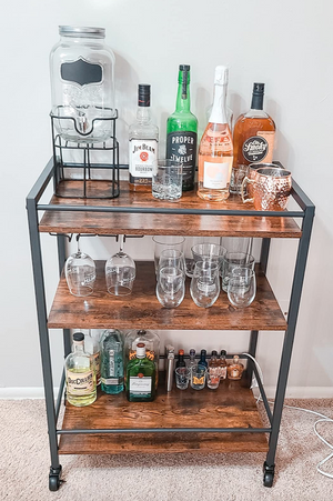 Bar Cart, Rolling Serving Cart with Wine Glasses Hooks, 3-Tier Utility Cart