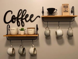 Floating Wall Shelves for Kitchen Bathroom Coffee Nook with 10 Adjustable Hooks