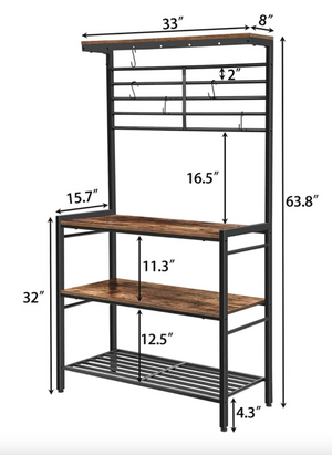 Baker's Rack with Hooks, Kitchen Storage Shelf Rack with High Display Shelf