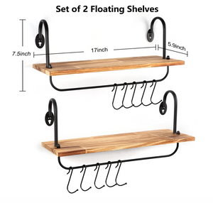 Floating Wall Shelves for Kitchen Bathroom Coffee Nook with 10 Adjustable Hooks