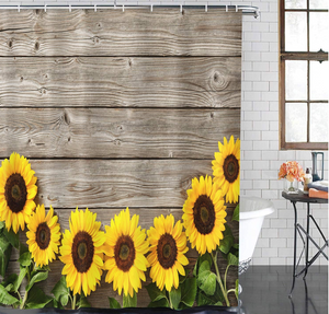 4 Pcs Shower Curtain Set Autumn Sunflowers Wooden Board 72 x 72 inch