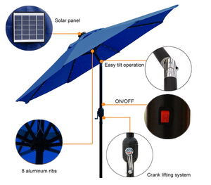 9' Solar 32 LED Lighted Patio Umbrella with 8 Ribs - Navy Blue