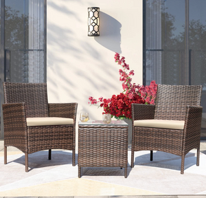 3 Pieces Outdoor Patio Porch Furniture Sets, PE Rattan Wicker Chairs with Table