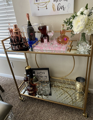 Gold Rolling Bar Cart with 2 Mirrored Shelves,, Wine Drink Trolley Cart with Lockable Wheels