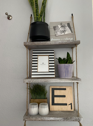 3 Tier Rope Farmhouse Wall Hanging Floating Shelves, Rustic White Wall Shelf