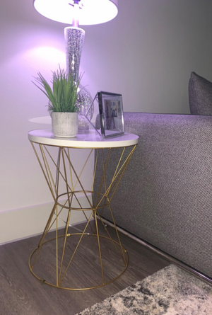 Round Accent Table with Cage Metal Frame, White and Gold