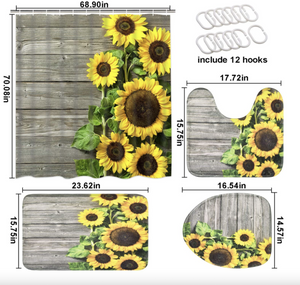4 Pcs Sunflower Shower Curtain Sets with Non-Slip Rugs, Toilet Lid Cover and Bath Mat, Rustic Wooden Plank