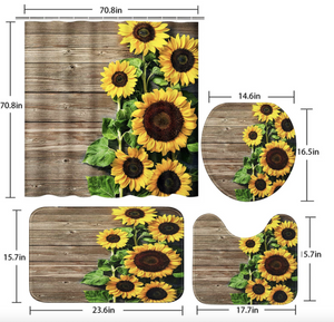 4 Pcs Shower Curtain Set Sunflowers Wooden Board Vintage Vibrant Vivid Yellow 72" x 72"