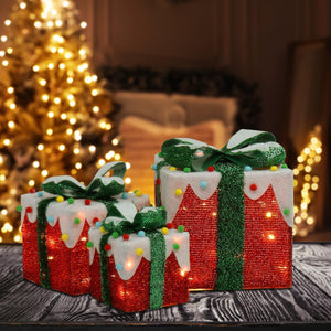 3pcs Christmas Lighted Gift Boxes Decorations Holiday Party Home Yard Red