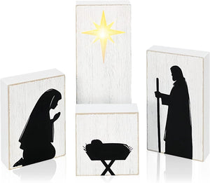 Wooden Nativity Scene with Shining Eternal Star, Black and White Christian Christmas Decorations