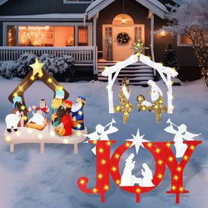 3Pcs Metal Holy Nativity Yard Sign with Stakes Lighted Outdoor Christmas Decorations