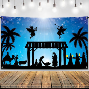 Large Holy Nativity Christmas Banner Manger Scene Party Decorations, 72x44 Inch, Jesus Shadow Blue