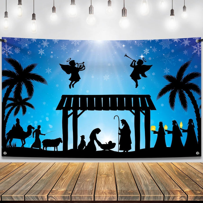 Large Holy Nativity Christmas Banner Manger Scene Party Decorations, 72x44 Inch, Jesus Shadow Blue