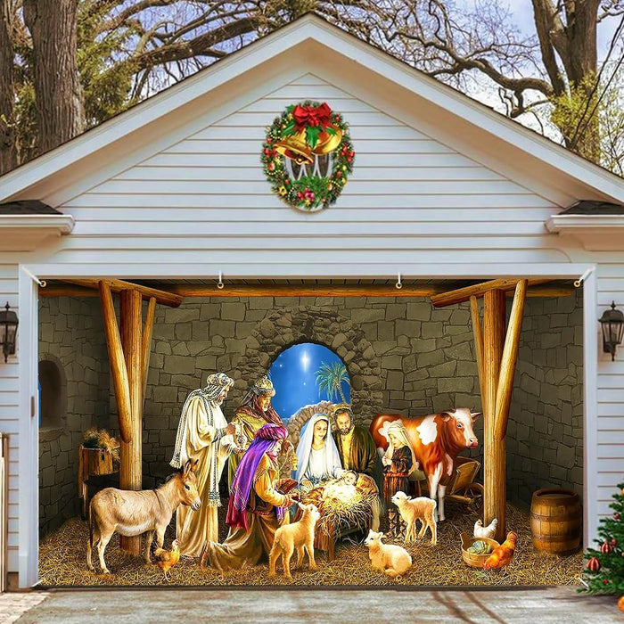 Christmas Nativity Garage Door Banner Murals Christmas Decorations, 16 x 7 ft,