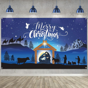 Merry Christmas Nativity Barn Birth of Jesus Backdrop Religious Xmas Photography Booth Prop Banner,  72.8 x 43.3 Inch