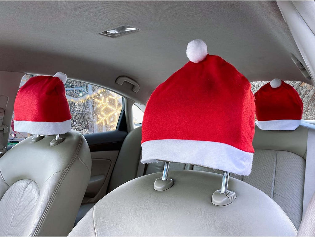 4-Piece Santa Claus Hat Car Seat Headrest Cover Cute Christmas Decoration