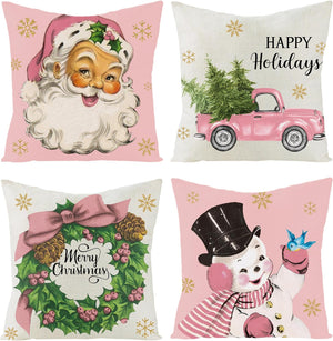 4Pcs Pink Santa Theme Party Christmas Decorations Pillow Covers, 16 x 16 inches