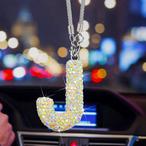 Rainbow J Shape Bling Crystal Pendant Car Accessories for Women, Hanging Cute Rhinestone