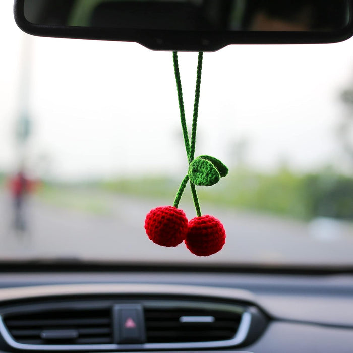 Cherry Handmade Crochet Car Ornament, Woven Rearview Hanging Charm