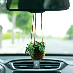 Succulent Handmade Crochet Car Ornament, Woven Rearview Hanging Charm, Green Flower