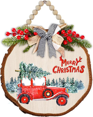 Merry Christmas Wooden Hanging Sign Wreath for Porch Home Wall Farmhouse Indoor Outdoor