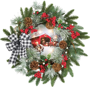 Lighted Covered Bridge Wreath with Checkered Bow Holiday Decoration