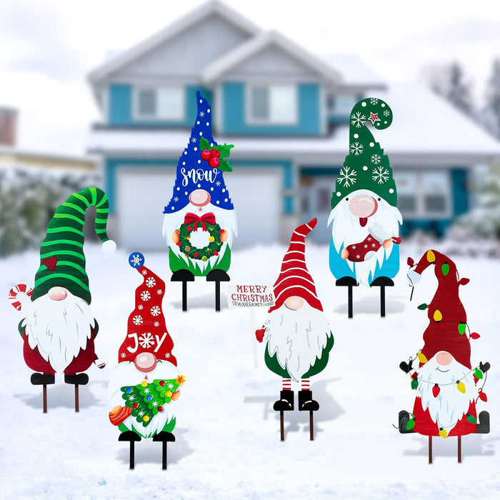 6 Pcs Metal Christmas Yard Sign Decoration 12.2 Inch Gnome Yard Stakes