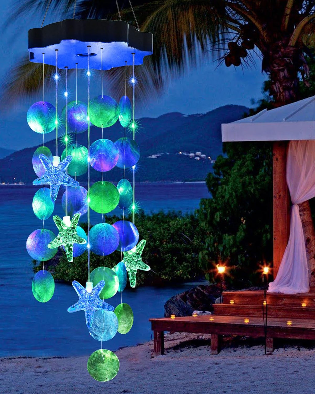 Solar Christmas Wind Chimes, Shells Lights Gifts for Mom Grandma Women Wife Girls (Blue & Green)