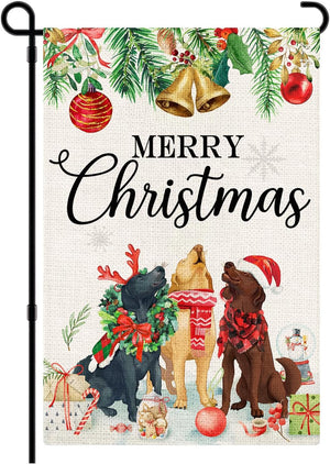 Merry Christmas Dog Garden Flag Double Sided, Xmas Rustic Burlap Yard Sign, 12 x 18 inches