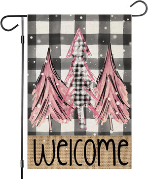 Welcome Christmas Pink Trees Garden Flag 12x 18 Inch